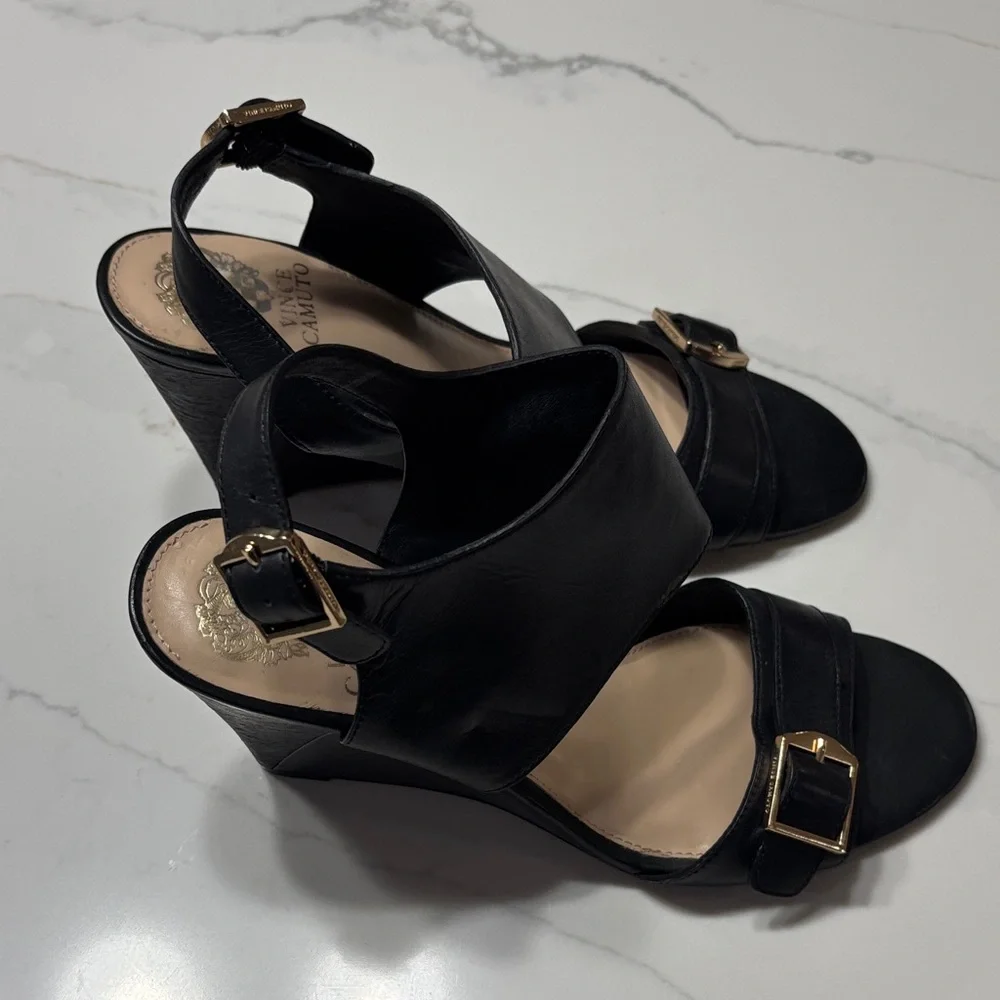 Vince Camuto Black Wedge Sandals with Buckle